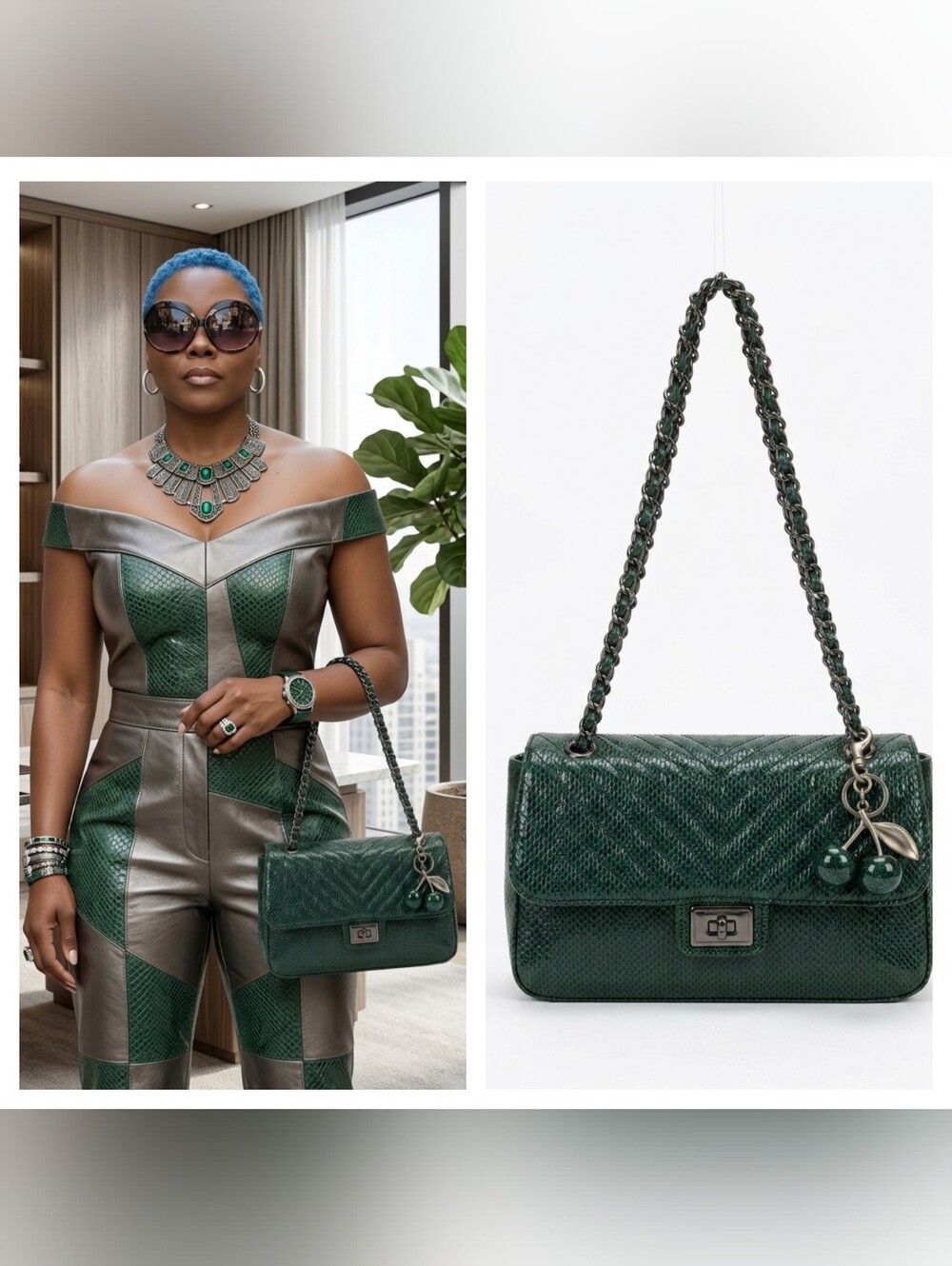 Karl Lagerfeld Luxury Dark Green Quilted Chain-Handle Shoulder Bag NWT